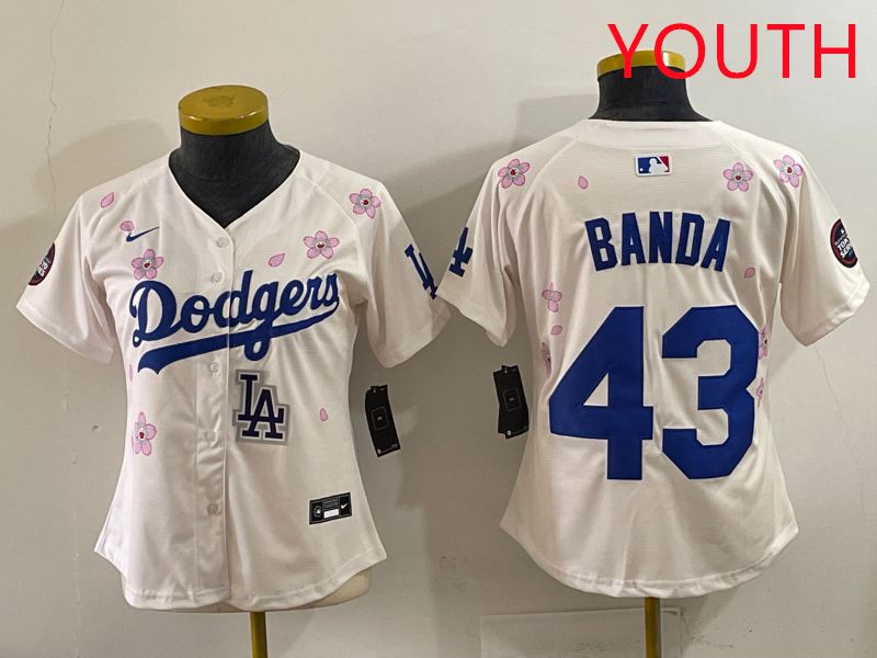 Youth Los Angeles Dodgers 43 Banda Cream Sakura Edition 2025 Nike MLB Jersey style 39